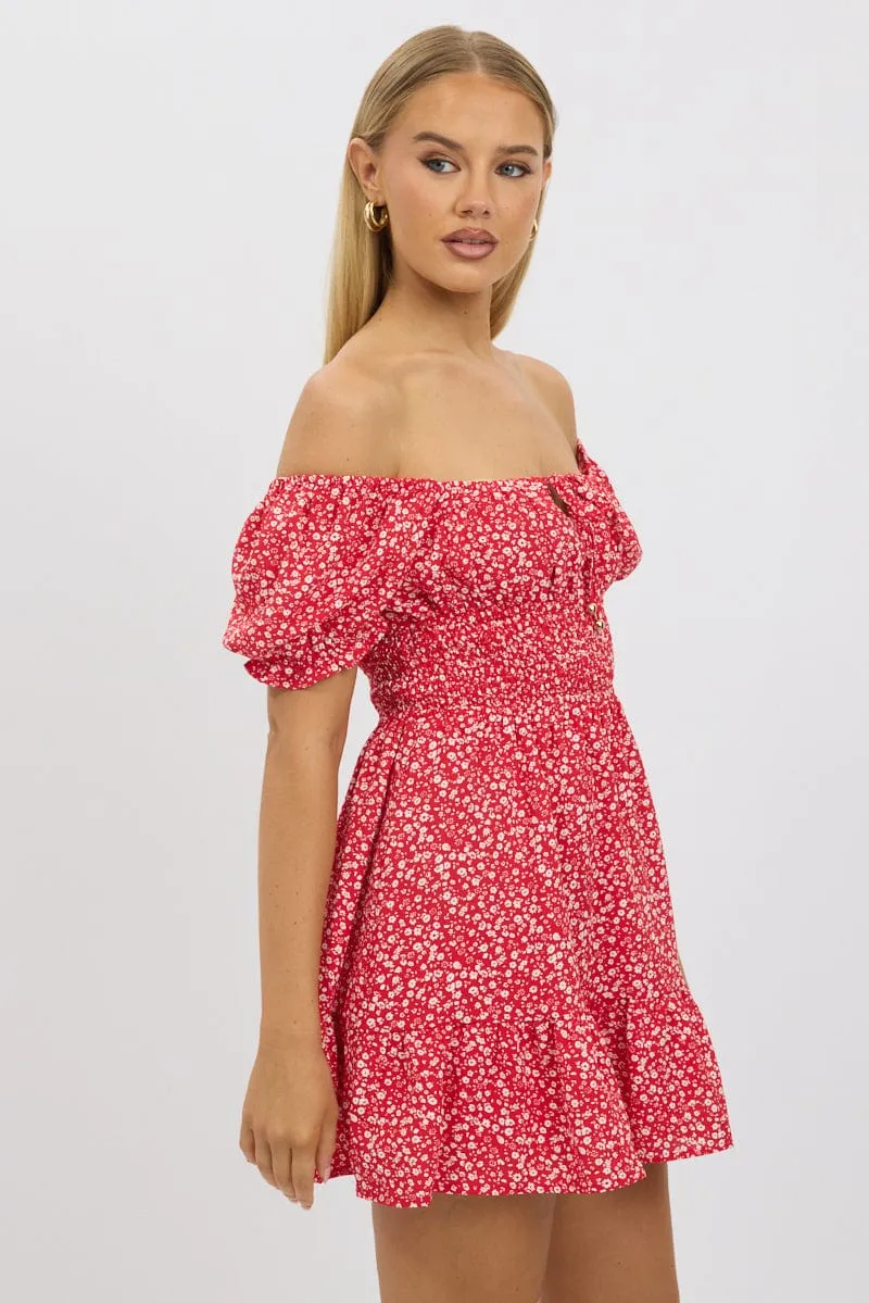 Red Ditsy Fit And Flare Dress Mini Walk Light