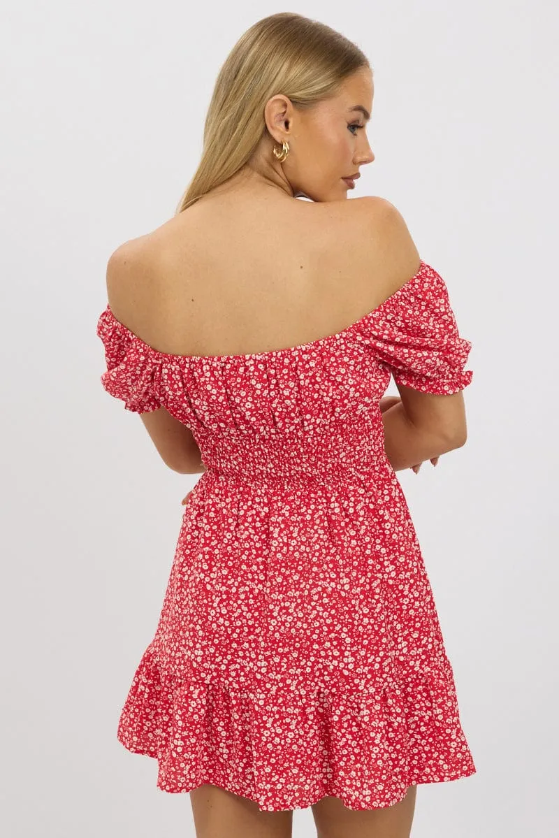 Red Ditsy Fit And Flare Dress Mini Vibrant color Moisture wicking