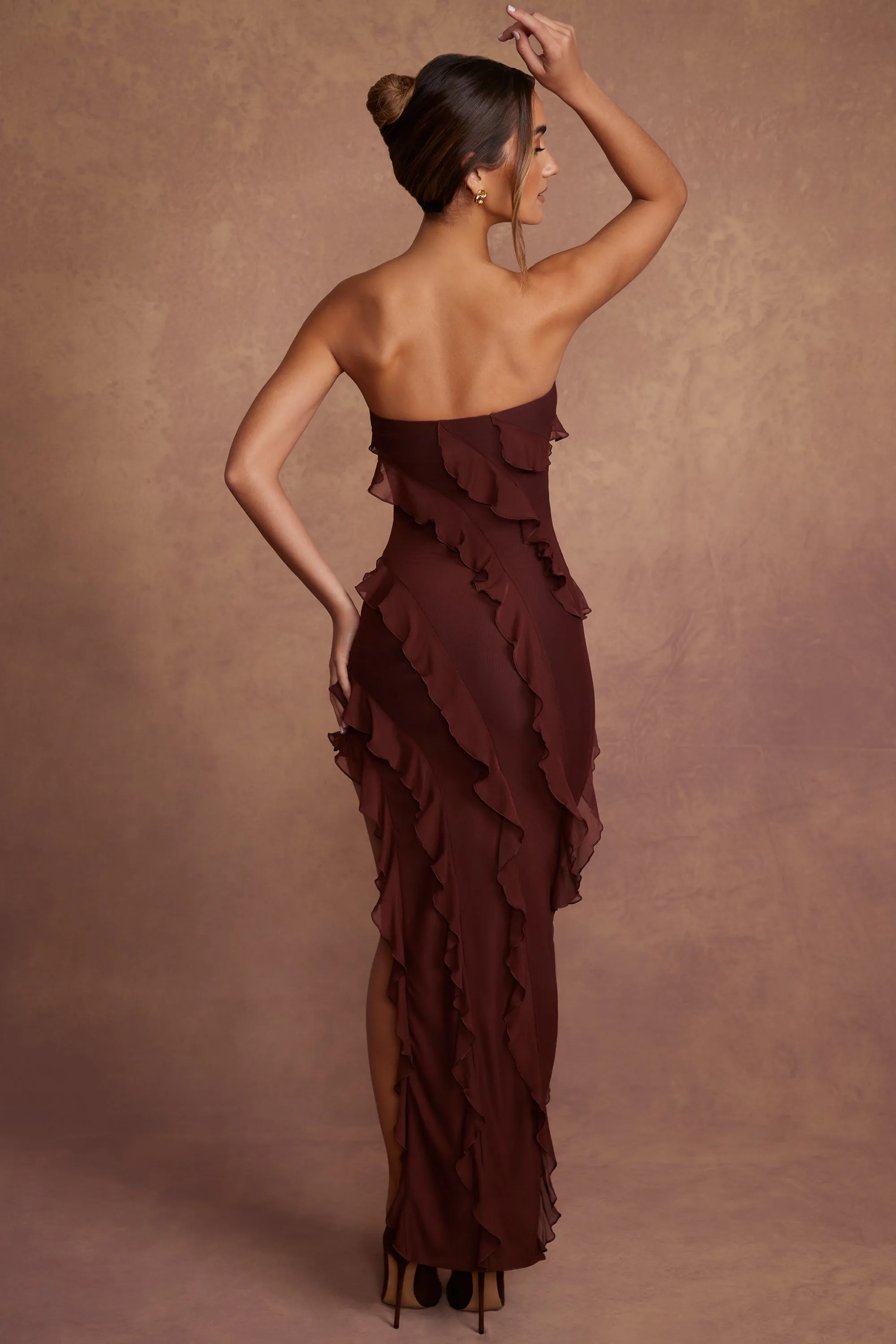 Bandeau Ruffle Detail Maxi Dress in Brown Steel Glow Soft drape summer gown