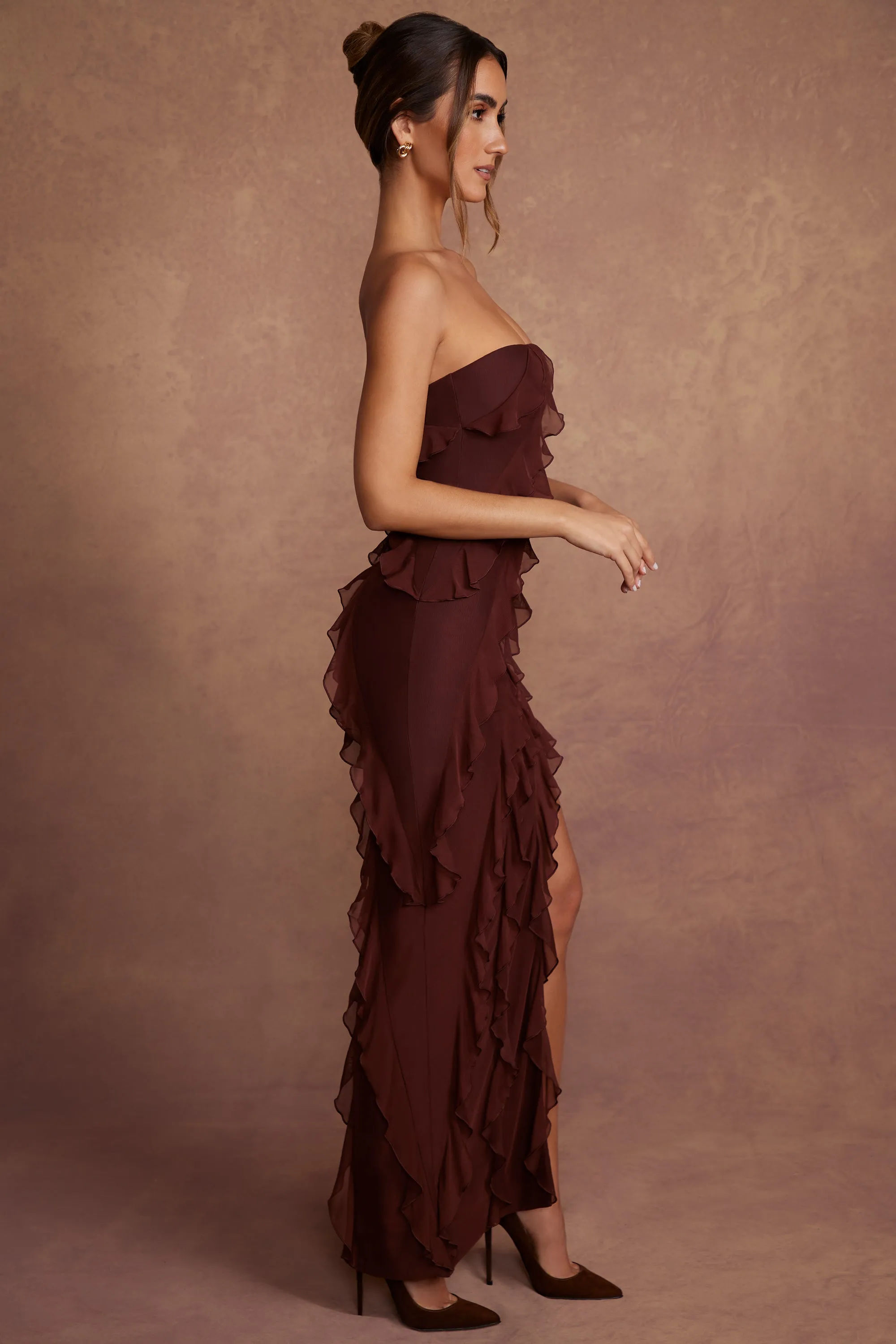 Bandeau Ruffle Detail Maxi Dress in Brown With its simple and clean design this dress makes a chic statement wherever you go