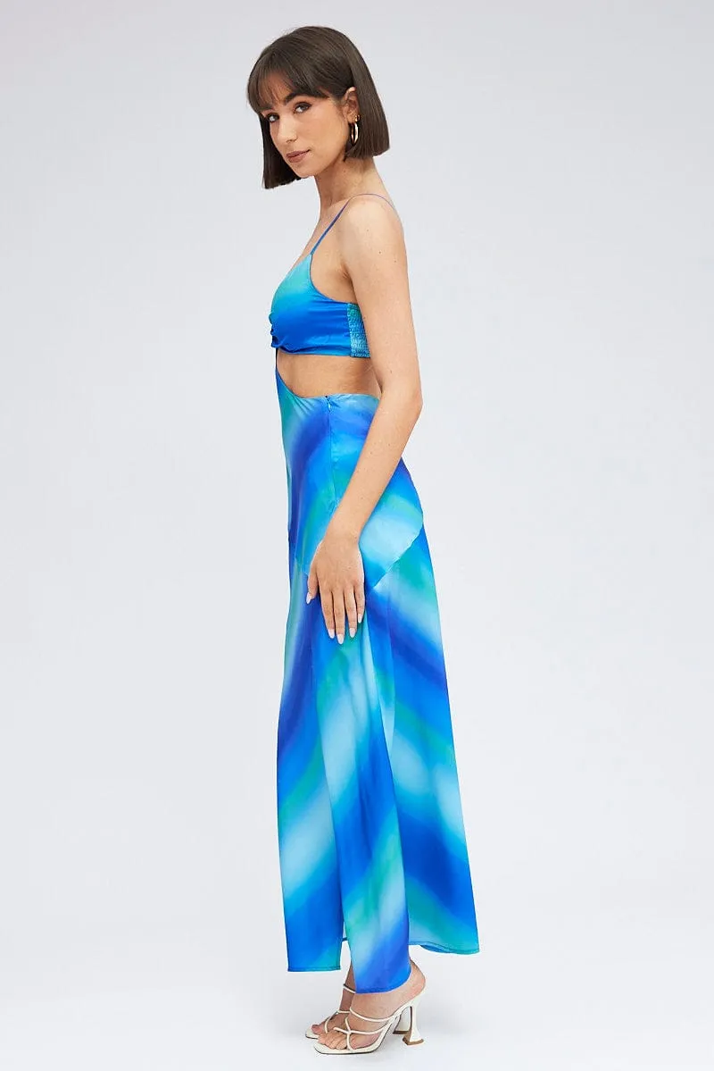 Blue Print Strappy Dress Maxi Ombre Cut Out Satin Stone Lane