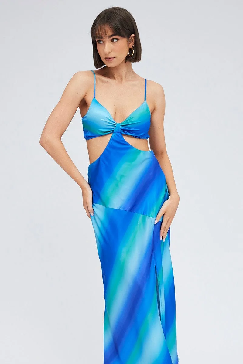 Blue Print Strappy Dress Maxi Ombre Cut Out Satin Travel Easy