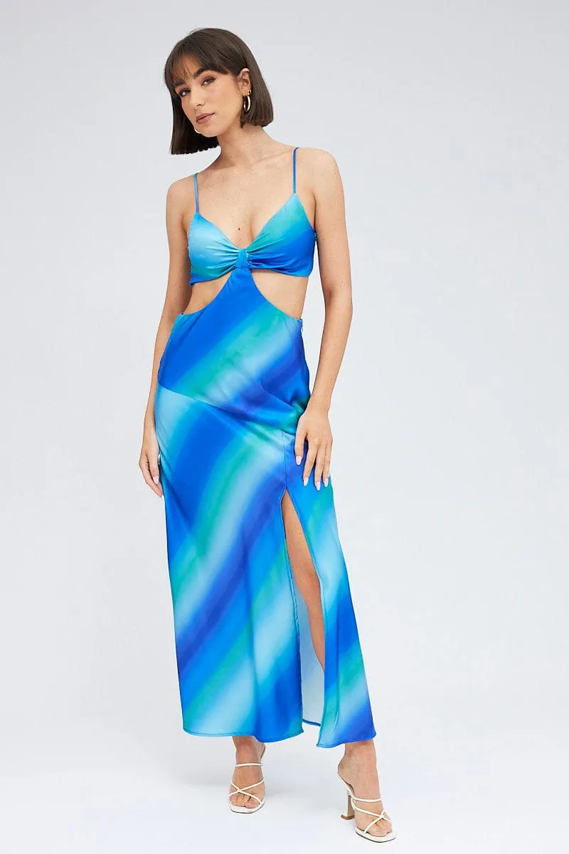 Light Glow Perfect for layering with jackets or sweaters this maxi dress works for year-round wear Blue Print Strappy Dress Maxi Ombre Cut Out Satin