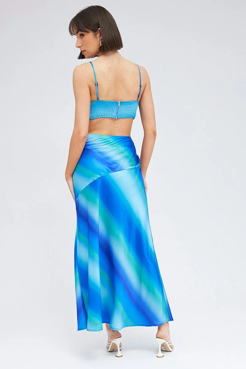 Sea Breeze Blue Print Strappy Dress Maxi Ombre Cut Out Satin