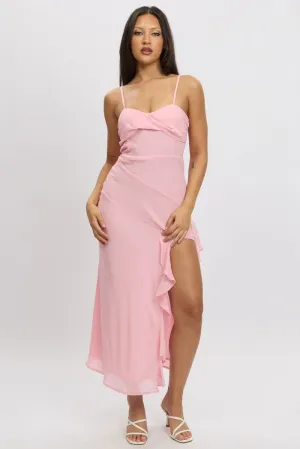 Pink Bodycon Dress Maxi Ruffle Slit Chiffon Milky Glow Coastal Chic