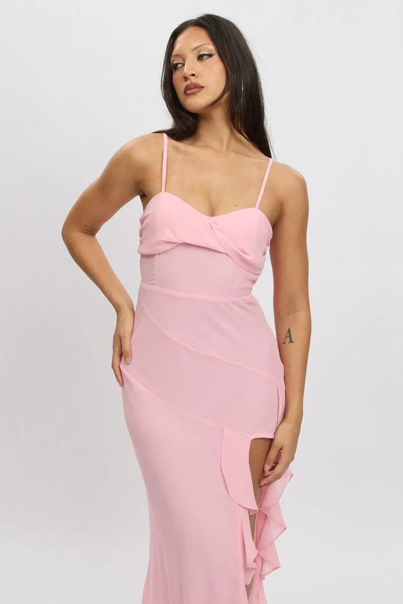 Pink Bodycon Dress Maxi Ruffle Slit Chiffon Graceful full-length gown Winter Soft