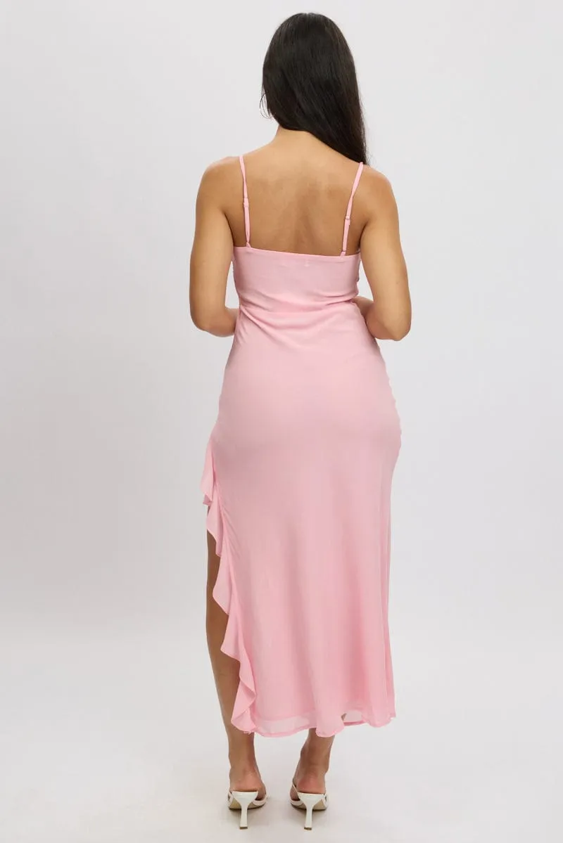 Pink Bodycon Dress Maxi Ruffle Slit Chiffon Flower Lane Muslin Soft