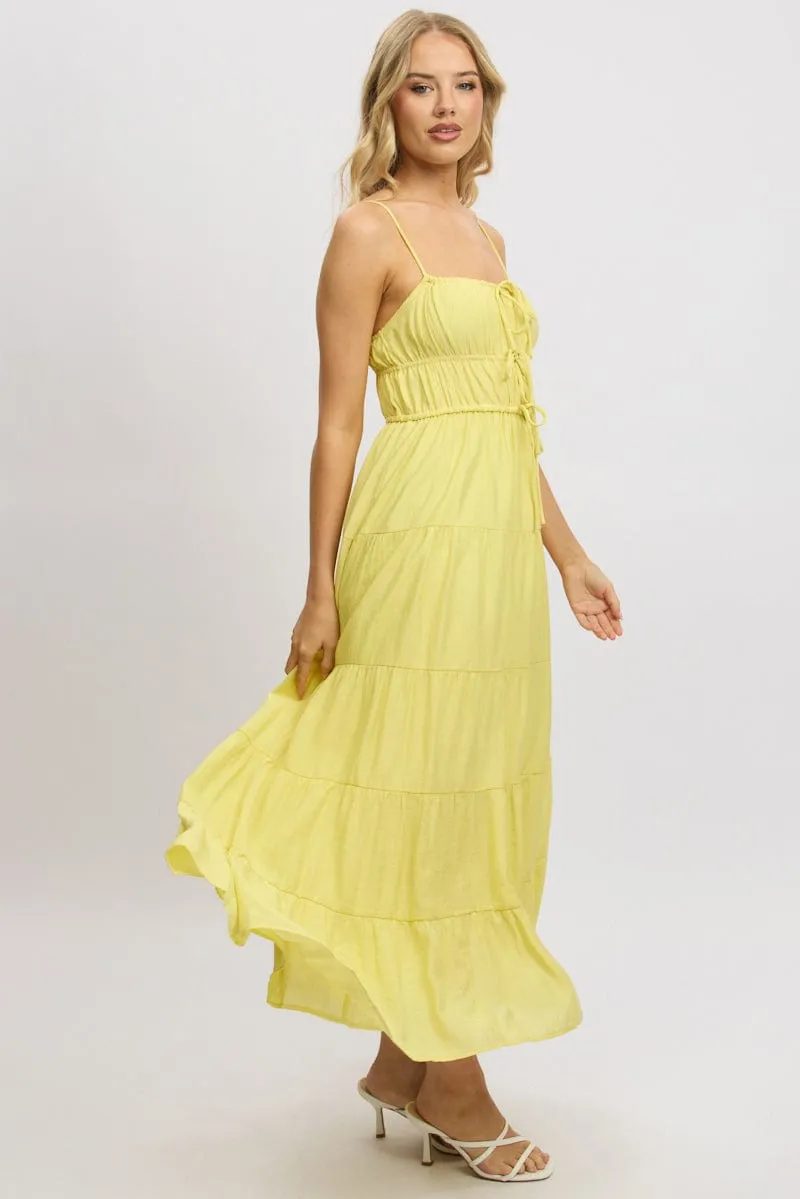 Yellow Maxi Dress Ruched Detail Beautiful event maxi The long length of this dress provides ample coverage while remaining stylish