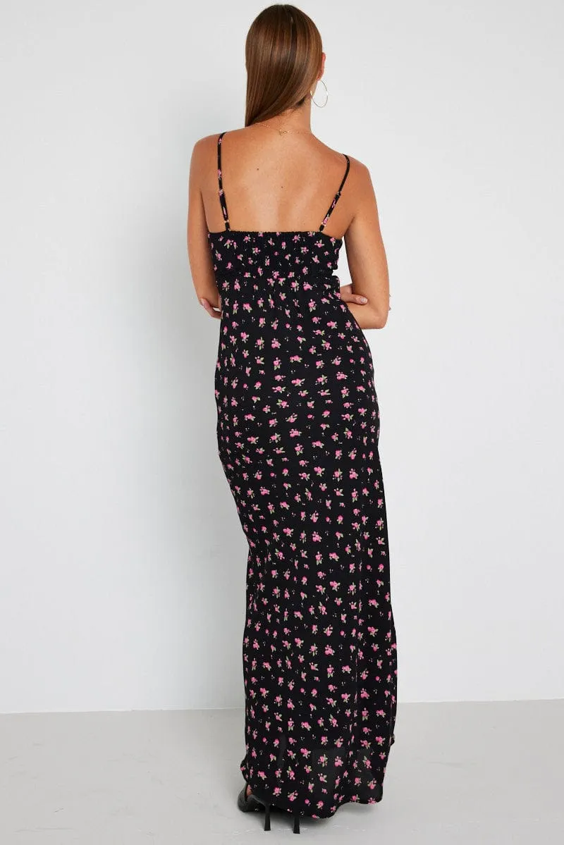 Black Floral Maxi Dress Sleeveless Fire Glow Mustard Pop