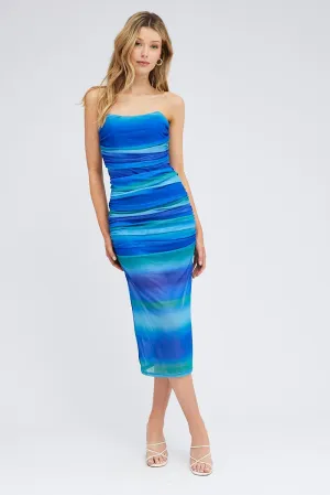 Blue Print Maxi Dress Strapless Ruched Ombre Mesh Bodycon Bronze Tone