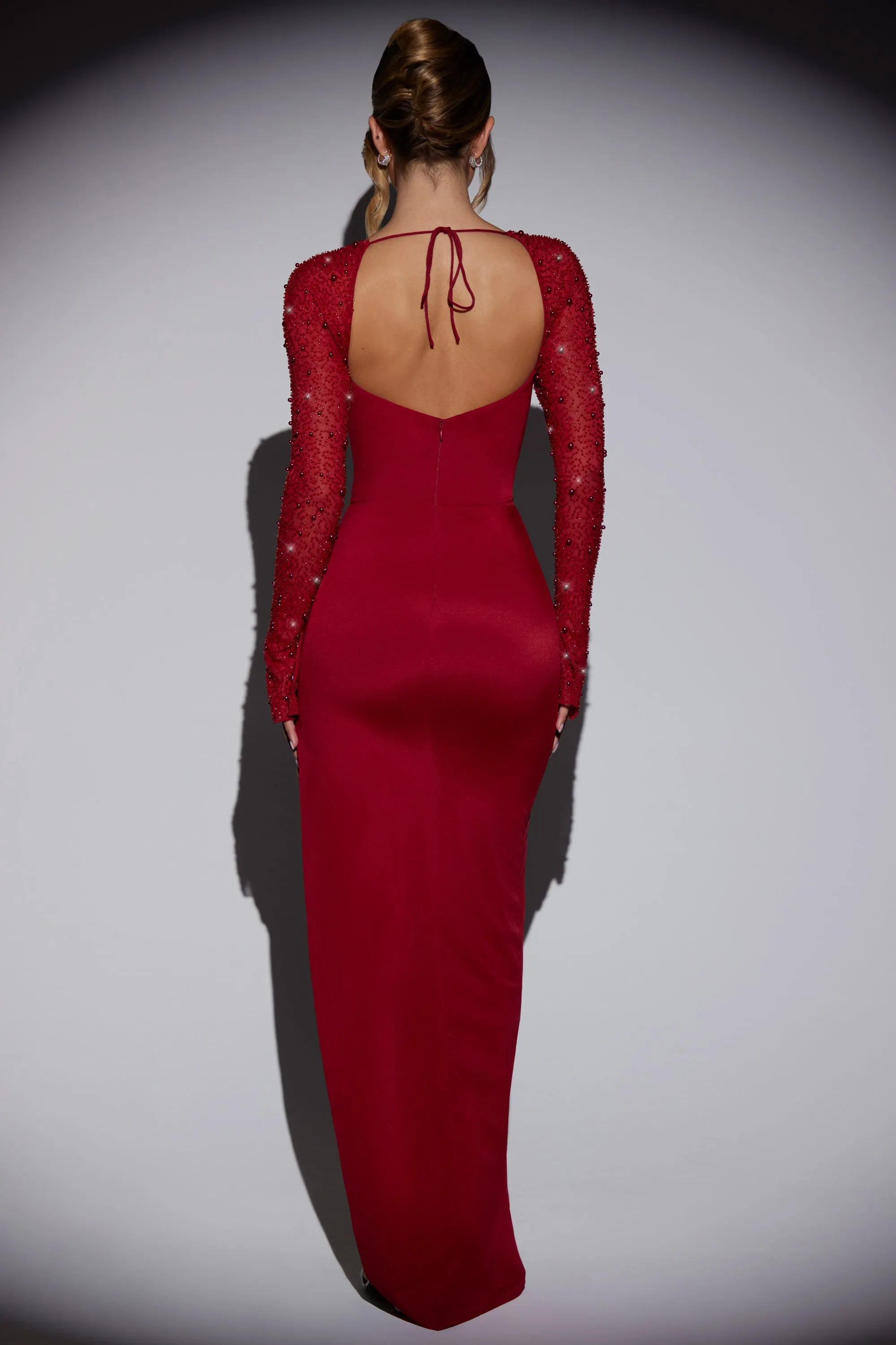 Embellished Side Split Maxi Dress in Red Feather Soft Creek View