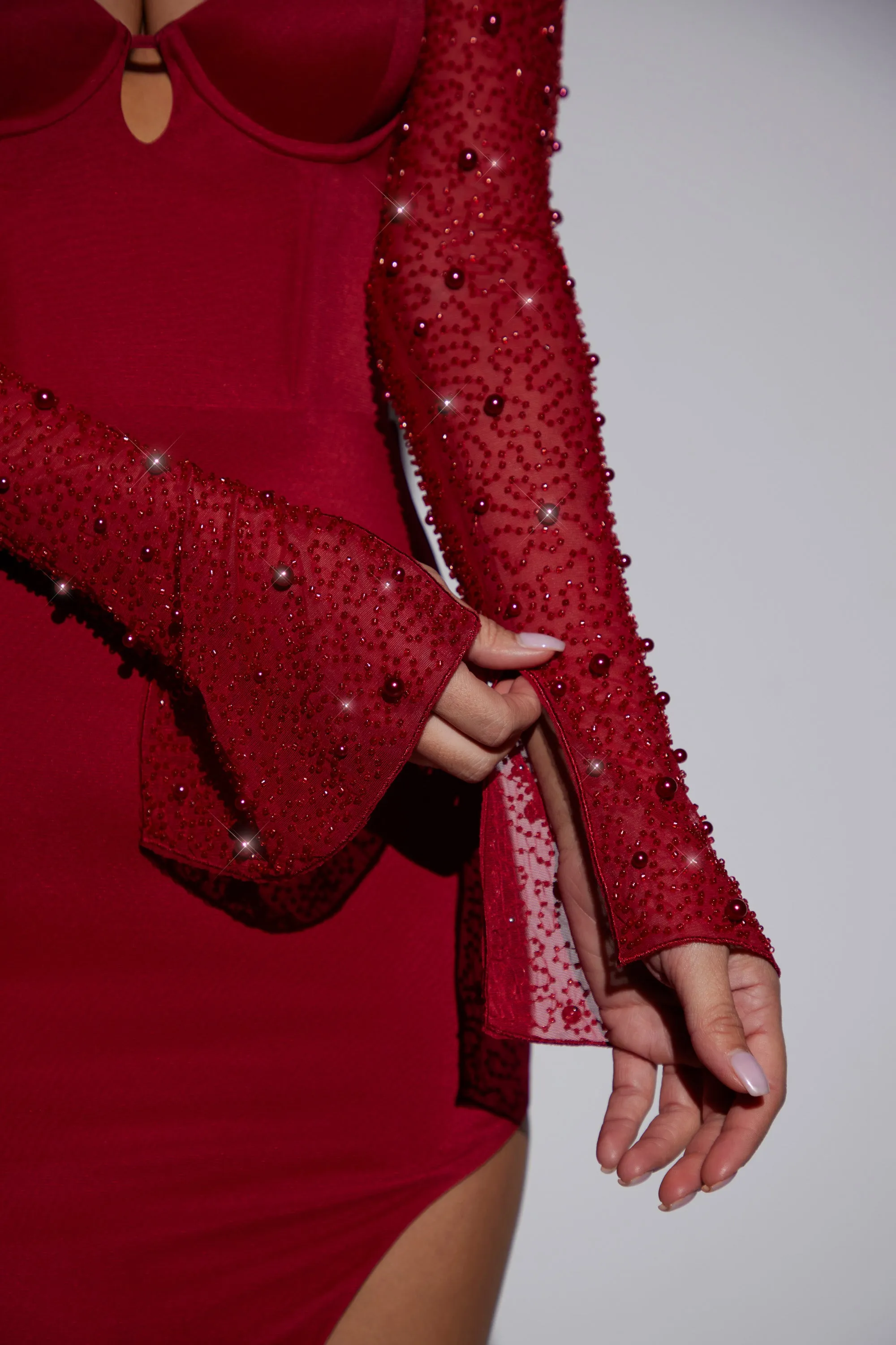 Diamond Shine Soft-touch maxi gown Embellished Side Split Maxi Dress in Red