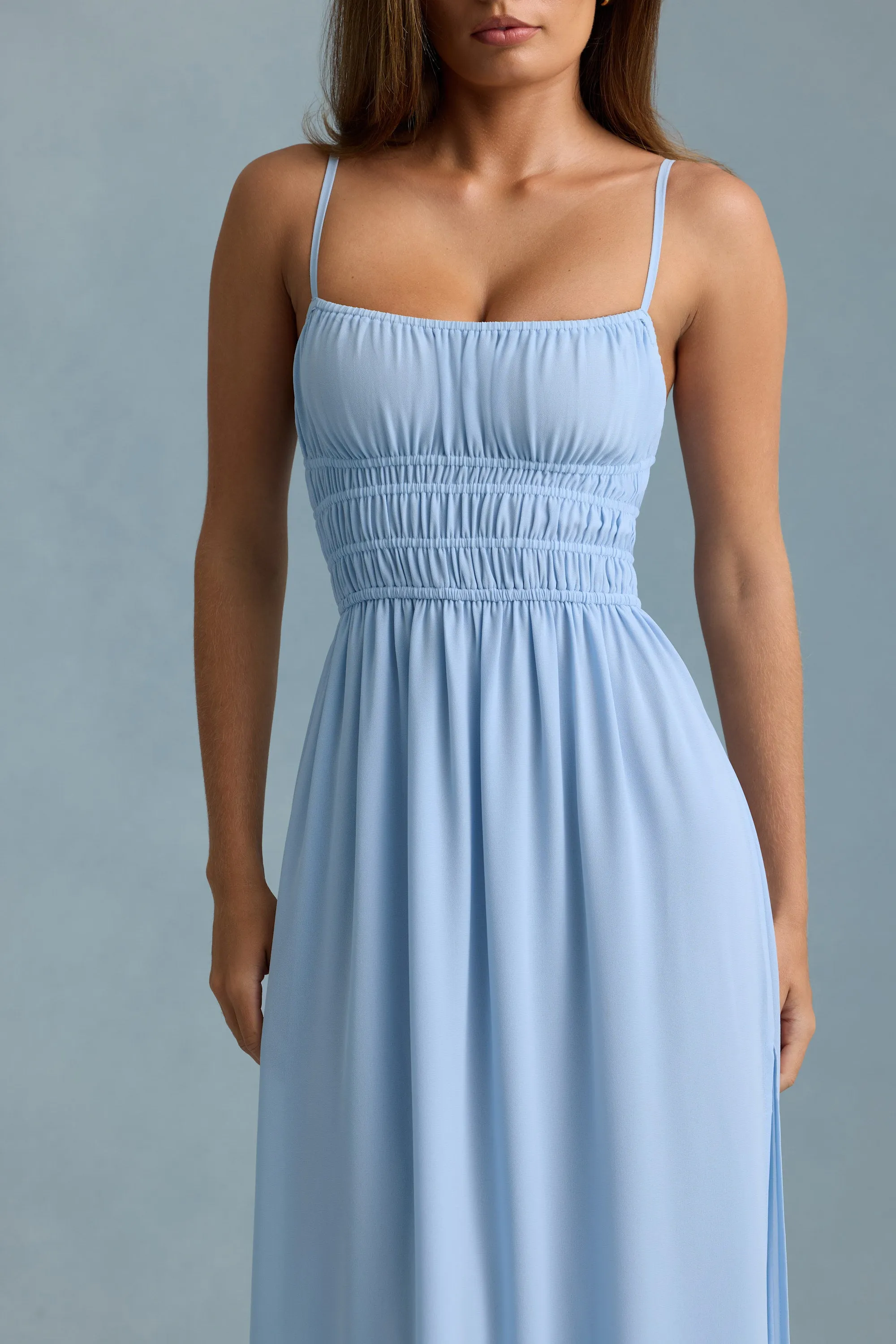 Shirred Camisole Maxi Dress in Sky Blue Muslin Glow Dome Glow