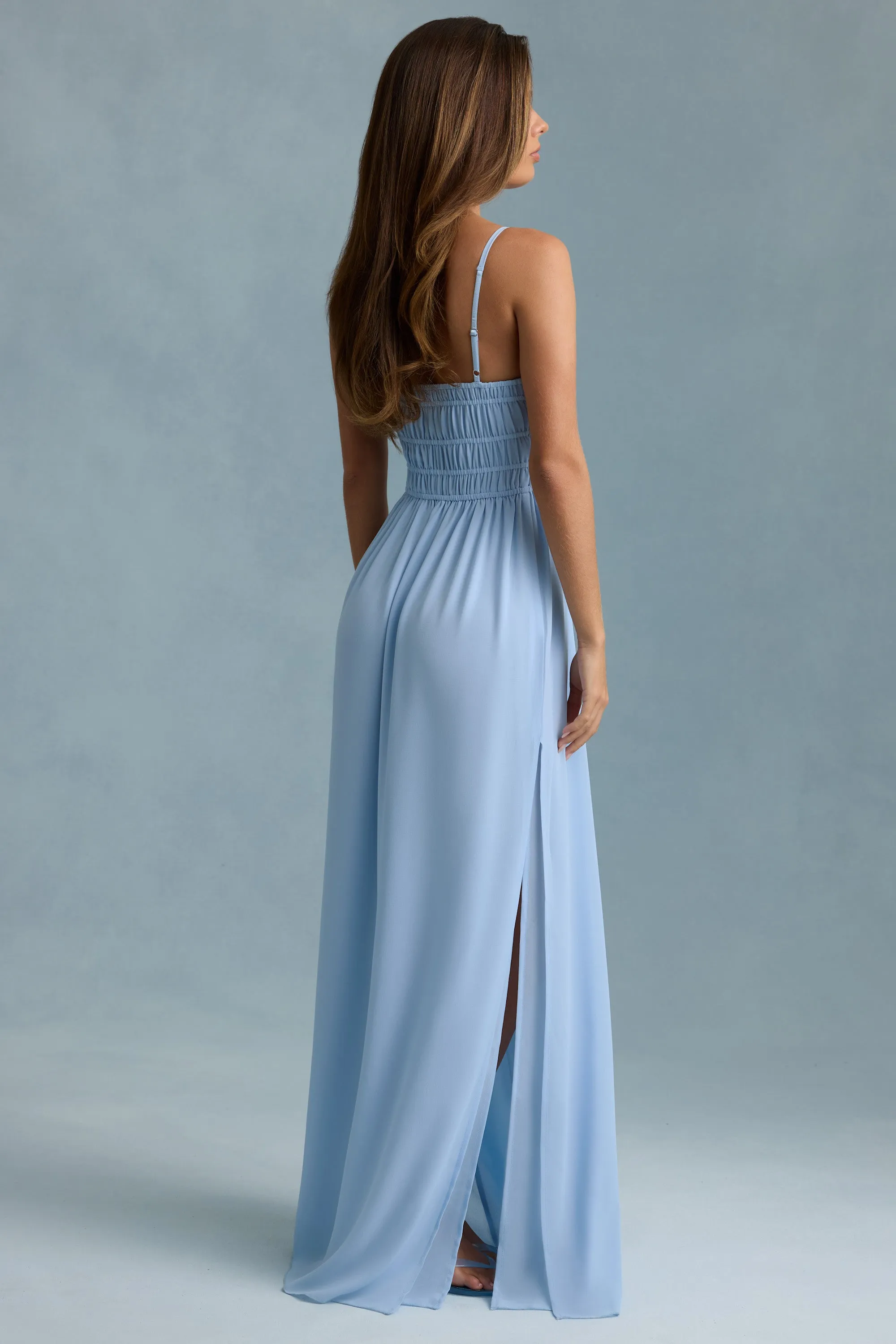 With its relaxed fit this dress is perfect for both casual and formal settings Weekend Escape Shirred Camisole Maxi Dress in Sky Blue