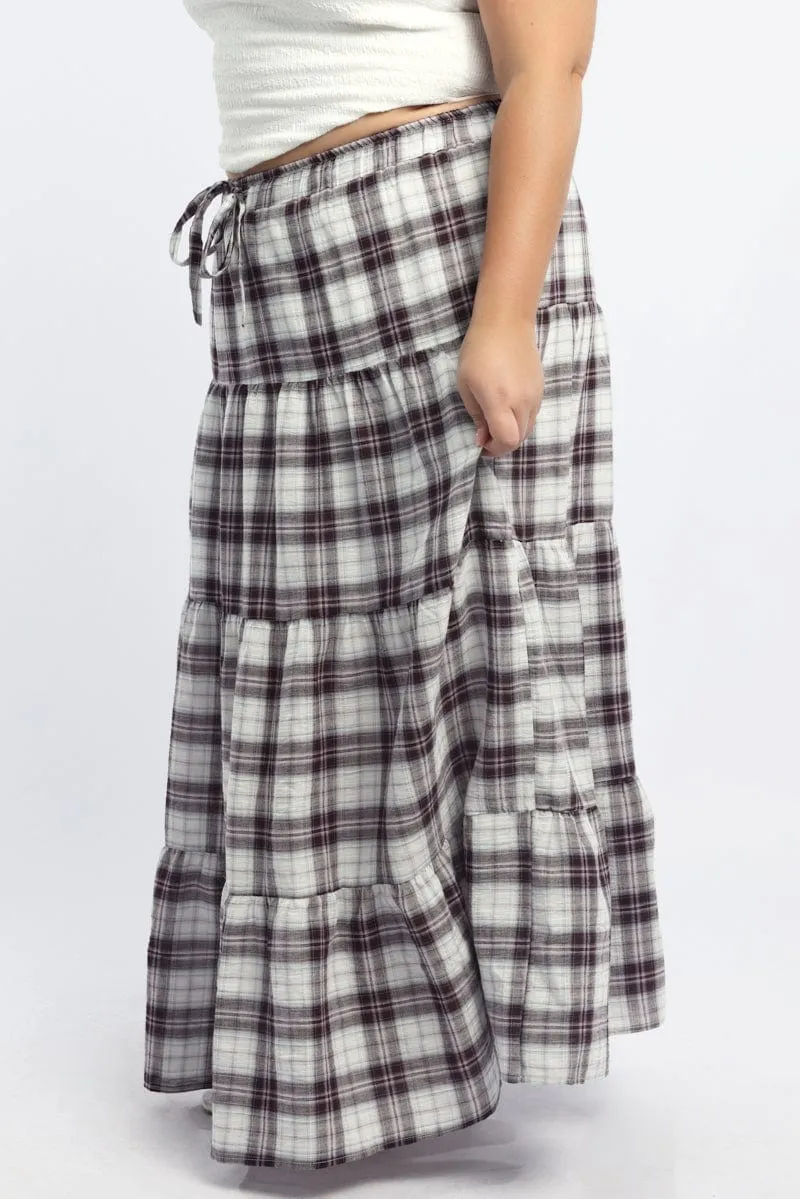 Red Check Tie Waist Tiered Maxiskirt Side Slit
