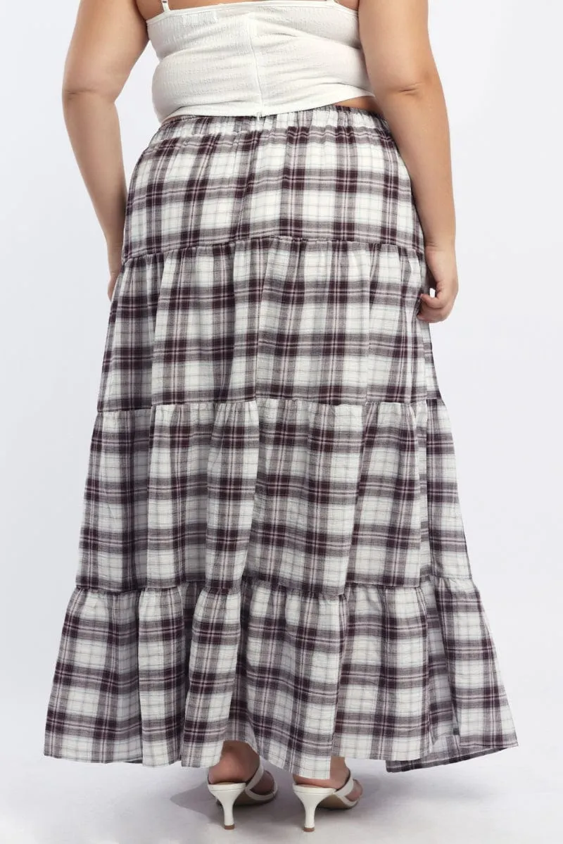 Red Check Tie Waist Tiered Maxiskirt Clean Cut Classic Elegance
