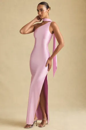 Asymmetric Scarf-Detail Maxi Dress in Soft Pink Breezy resort wear Soft Dawn
