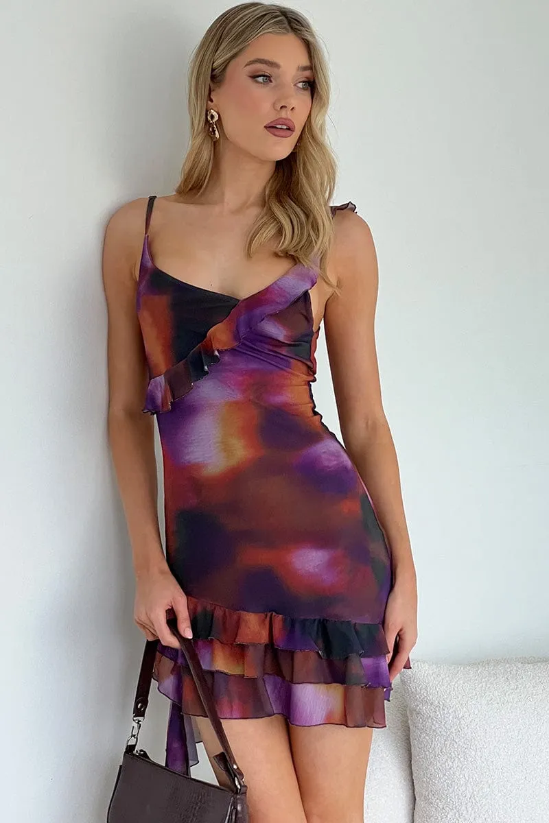 Multi Abstract Bodycon Dress Ruffle Hem Mini Mesh Train Ease