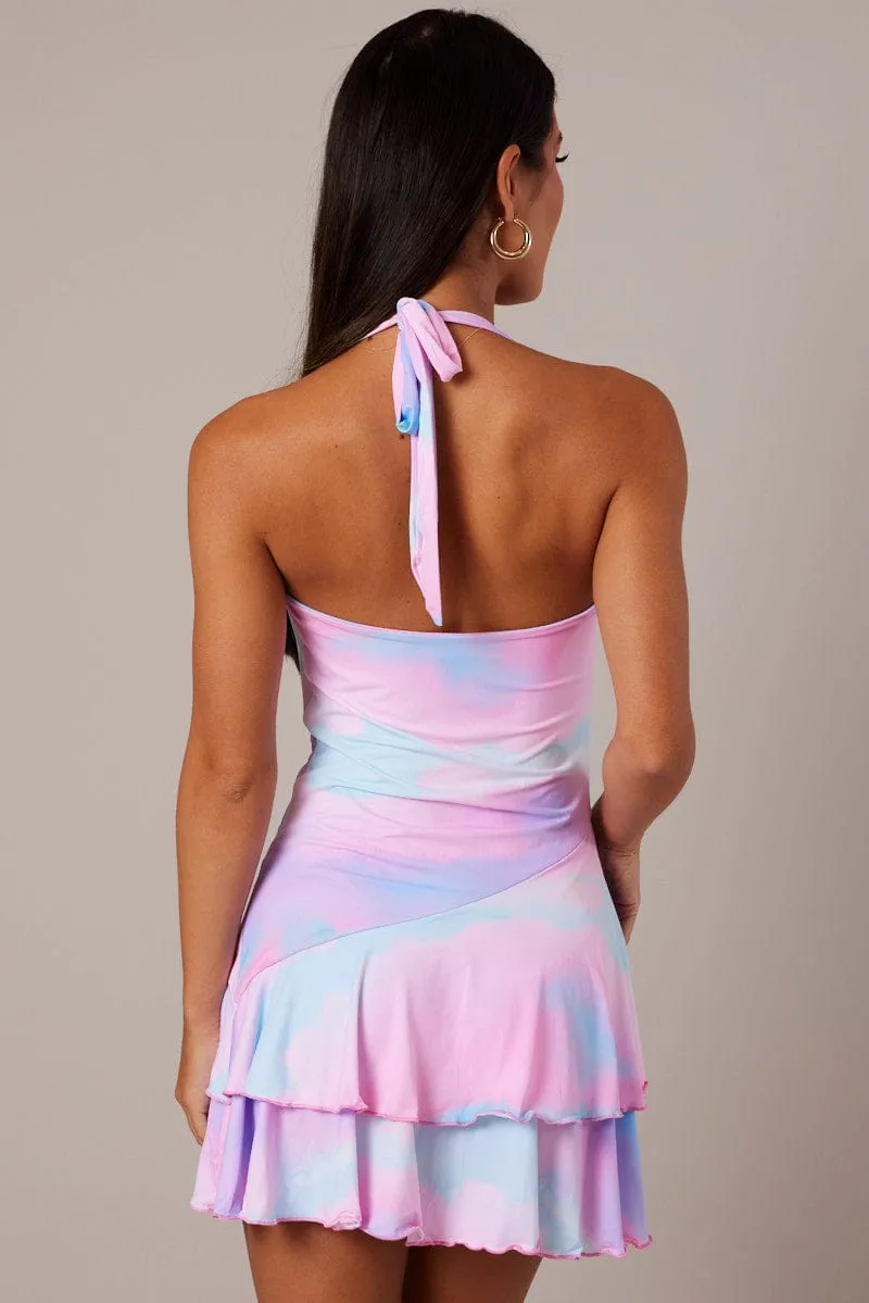 Push Edge Pink Abstract Halter Dress Cowl Neck Layered Skater Dress