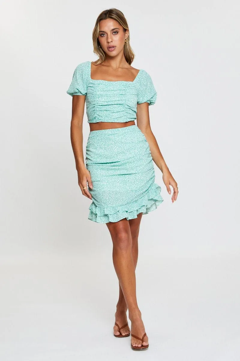 Print Mini Skirt Side Ruched Frill Hem Travel Style Non Restrictive