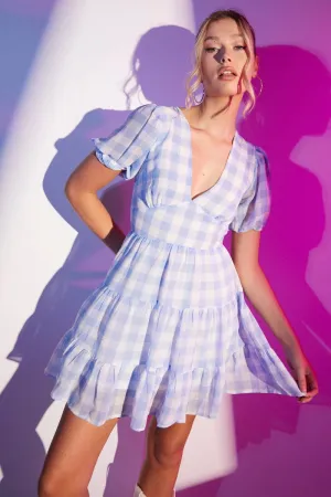 Simple Chic Roll Up Sleeve Adaptation Check Mini Dress V Neck