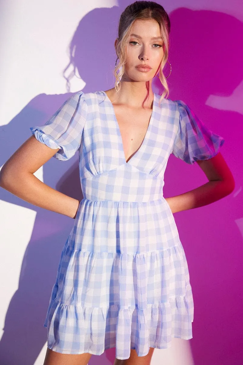 Check Mini Dress V Neck Subtle Texture