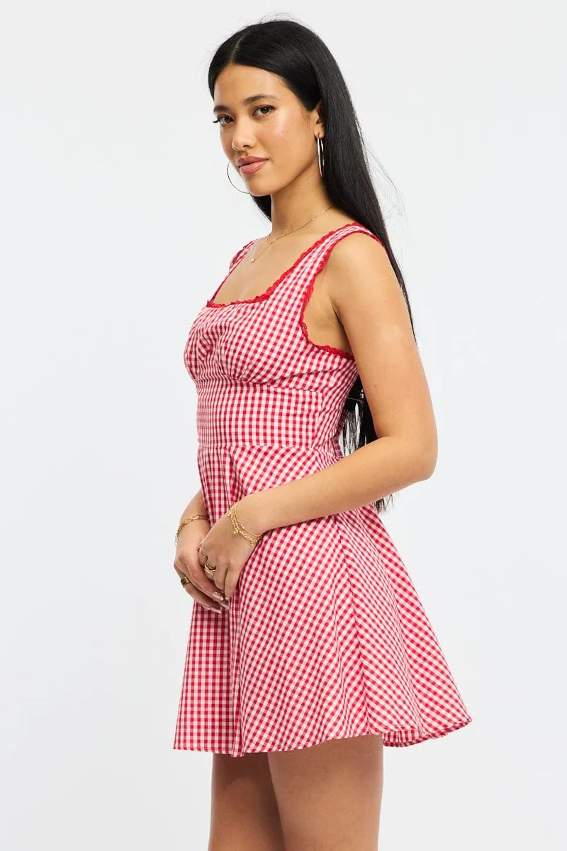 Red Check Mini Dress Sleeveless Bold color mini