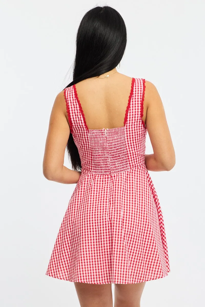 Red Check Mini Dress Sleeveless Non toxic Light Pop