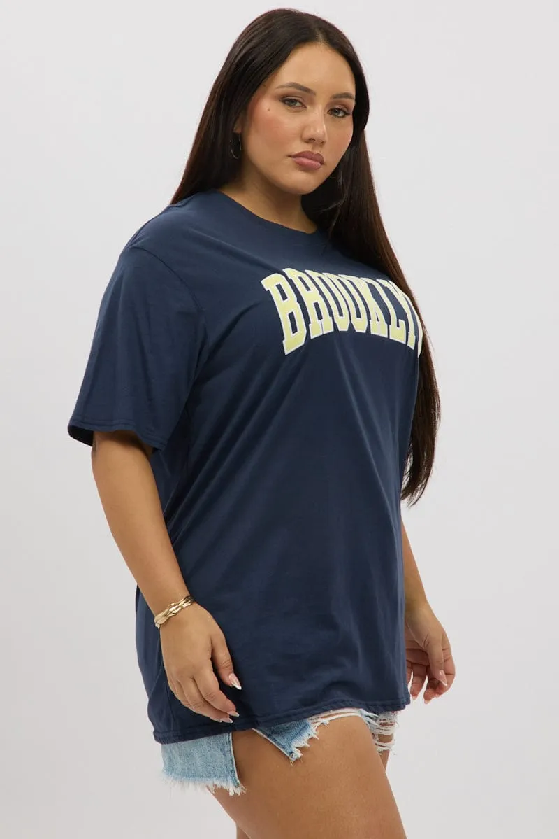 Casual Style Blue Graphic T Shirt Short Sleeve Crew Neck