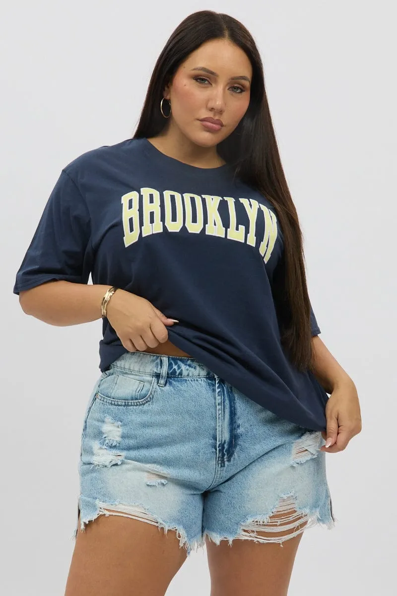 Street Comfort NonIrritating Fabric Blue Graphic T Shirt Short Sleeve Crew Neck
