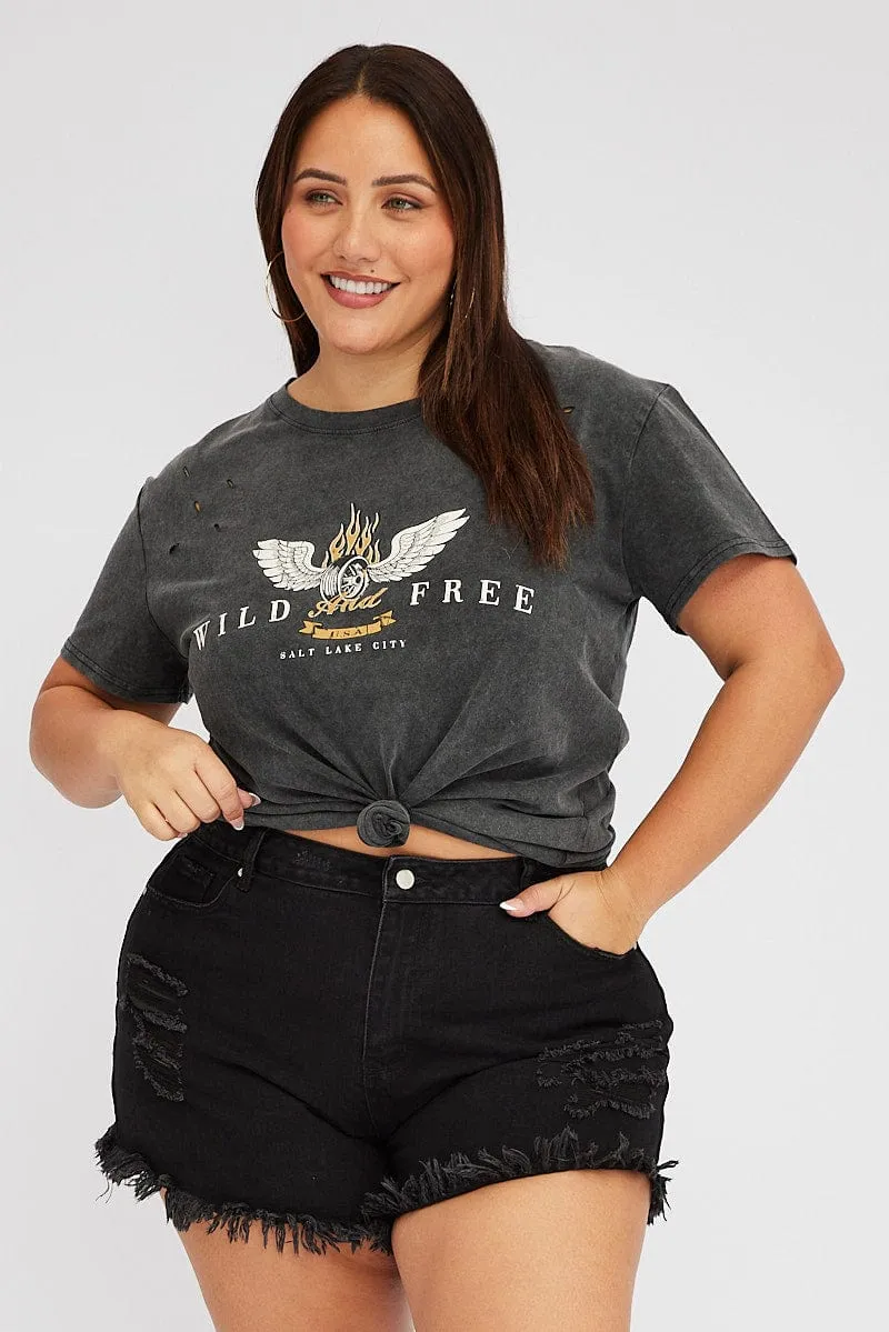 Grey Graphic T-shirt Short Sleeve Crew Neck Bohemian style