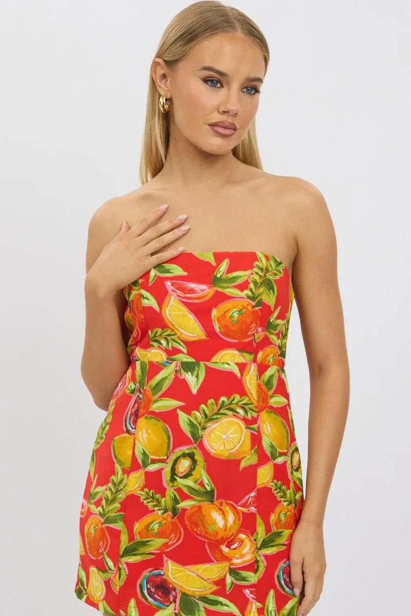 Red Abstract Strapless Mini Dress Fun Edge
