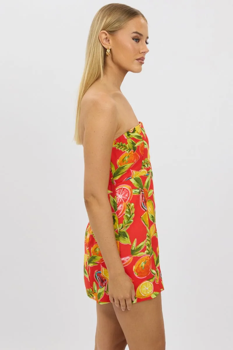 Red Abstract Strapless Mini Dress Flattering Cut