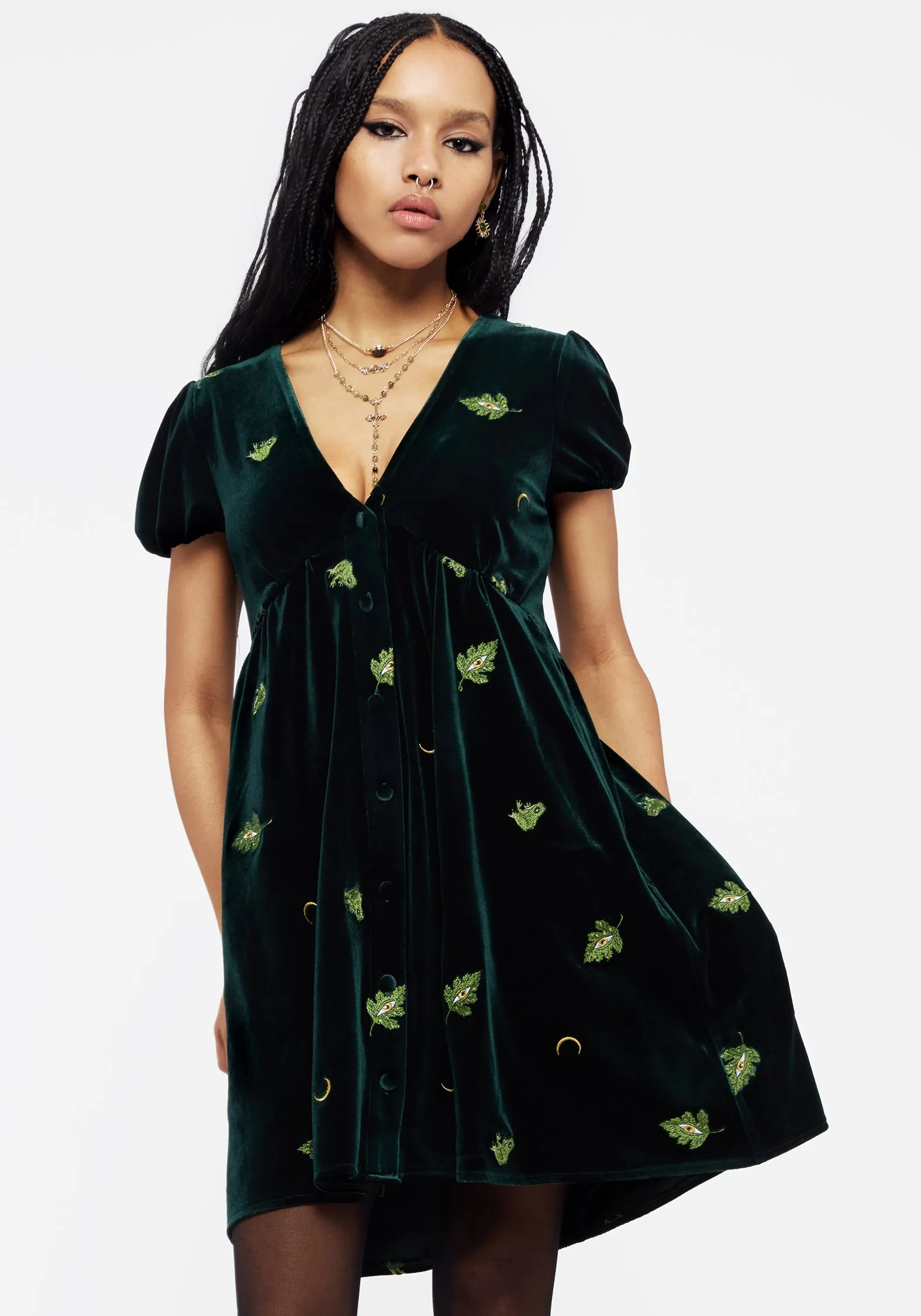 Swamplife Frog Embroidered Velour Button Up Mini Dress Chic Appeal Cozy Fit Style
