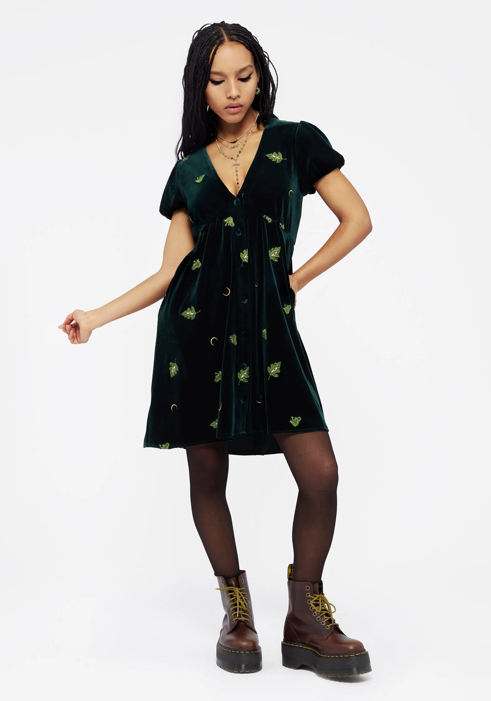 Swamplife Frog Embroidered Velour Button Up Mini Dress Flexible frame Casual stylish short dress