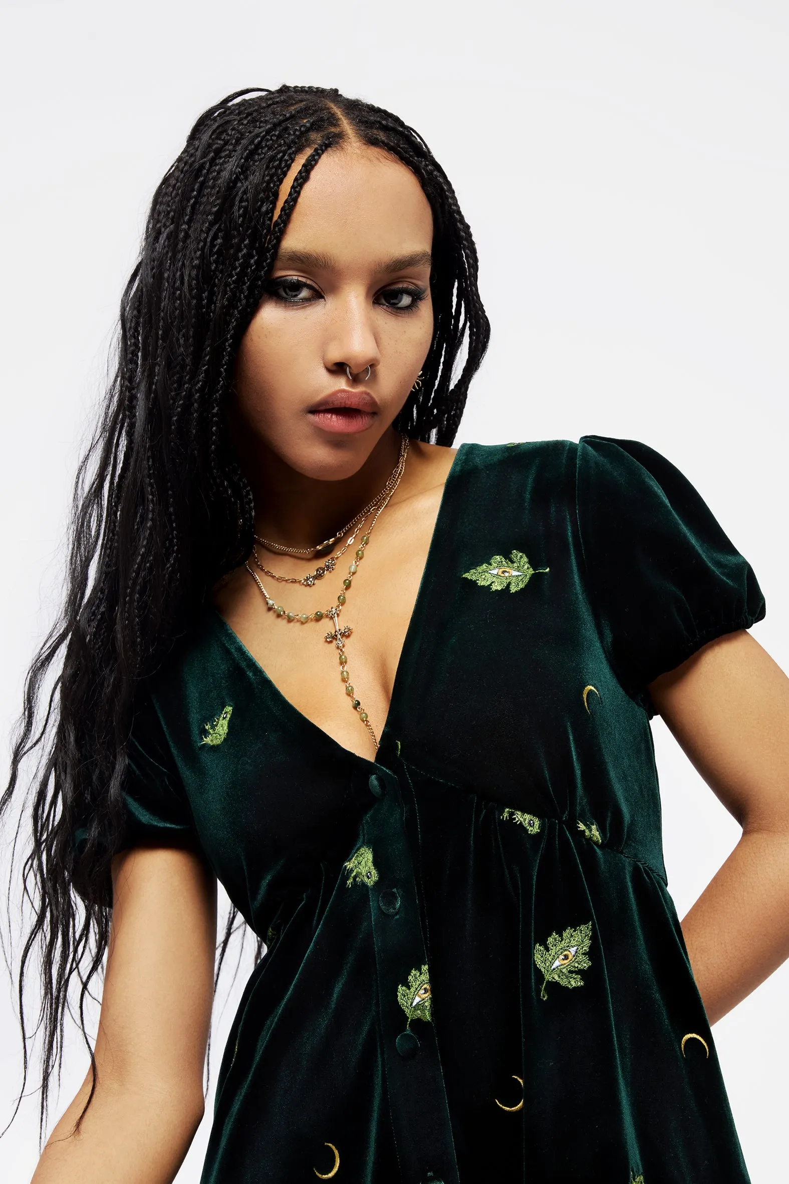 Swamplife Frog Embroidered Velour Button Up Mini Dress Effortless casual wear