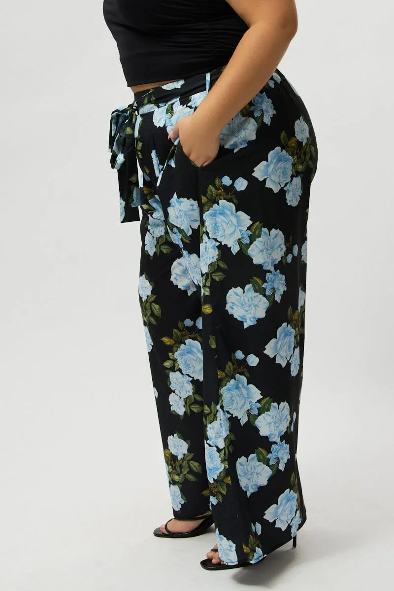 Black Floral Tie Waist Wide Leg Pants StretchFabric