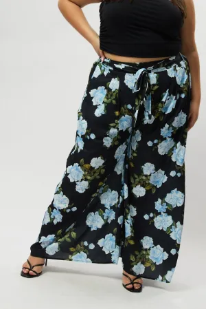Black Floral Tie Waist Wide Leg Pants Flattering Shape