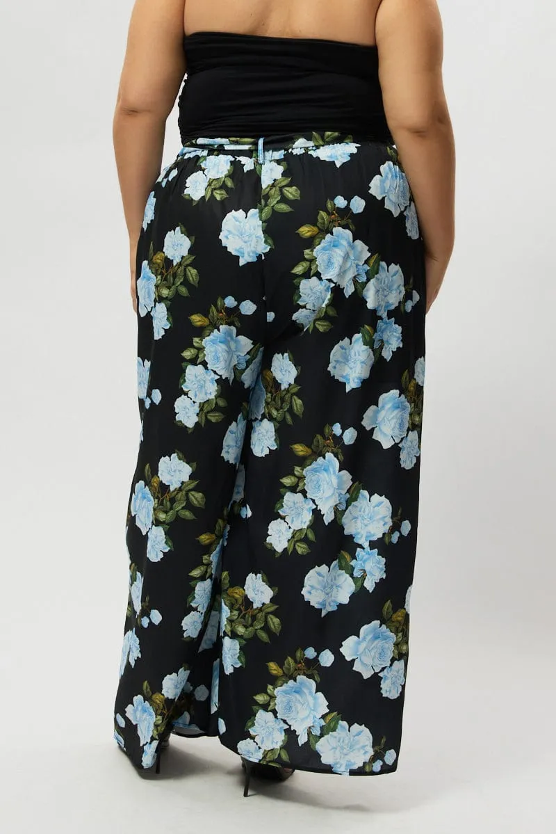 Black Floral Tie Waist Wide Leg Pants All Purpose