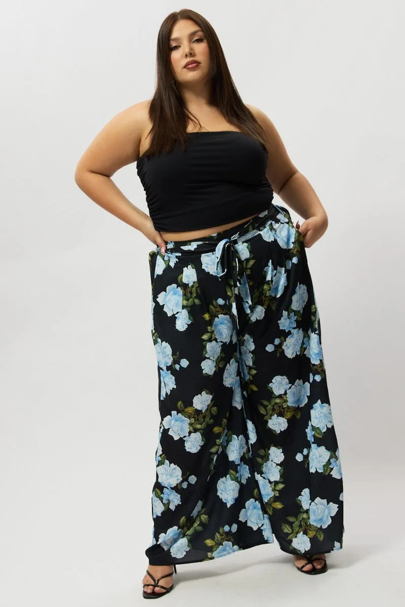Black Floral Tie Waist Wide Leg Pants LightweightInsulation