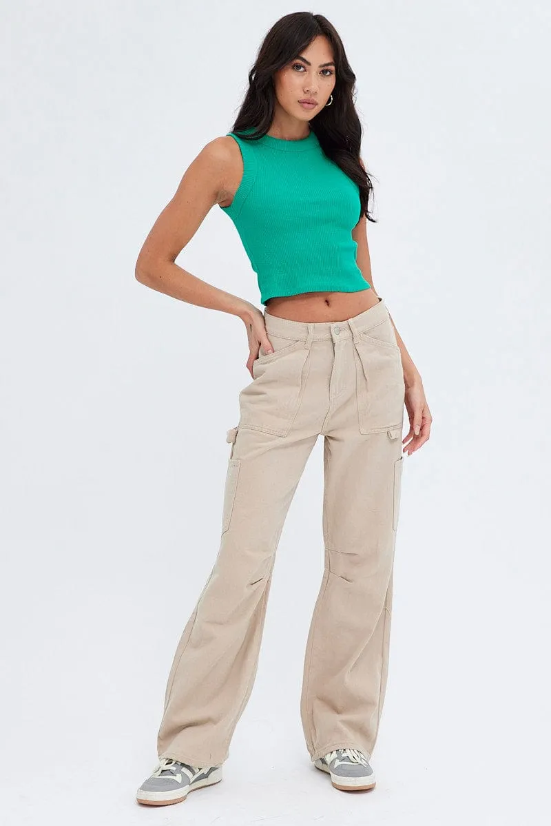 Green Crop Tank Top Crew neck Relaxed Blouse Easy Care