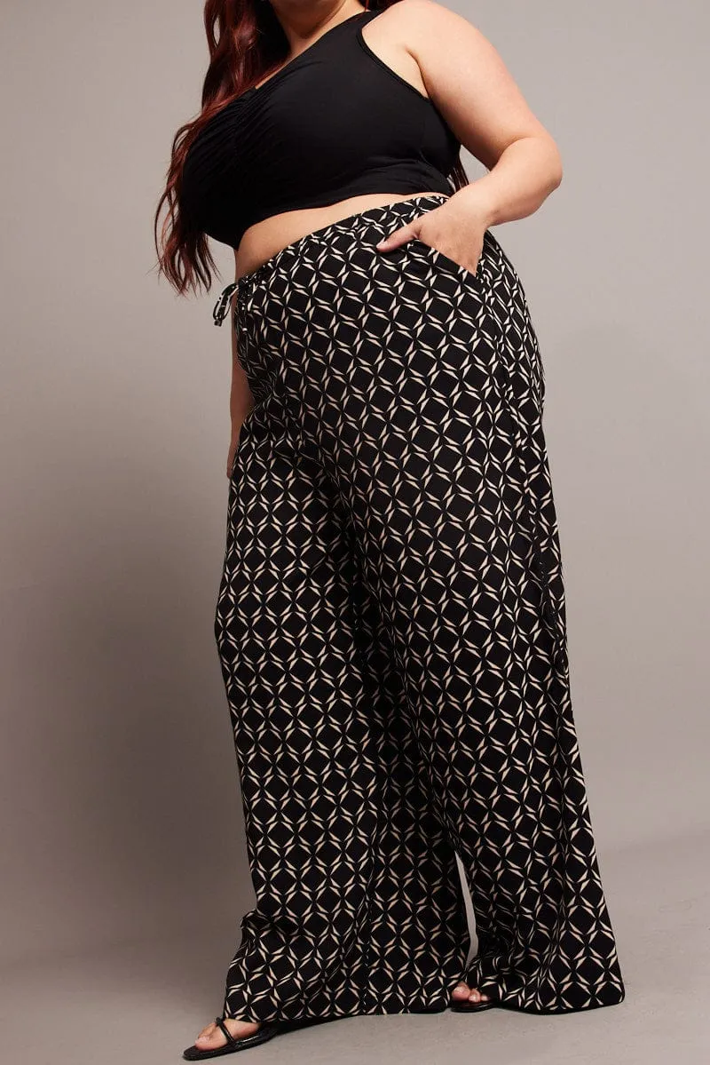 Black Geo Wide Leg Pants High Rise Fashion Forward