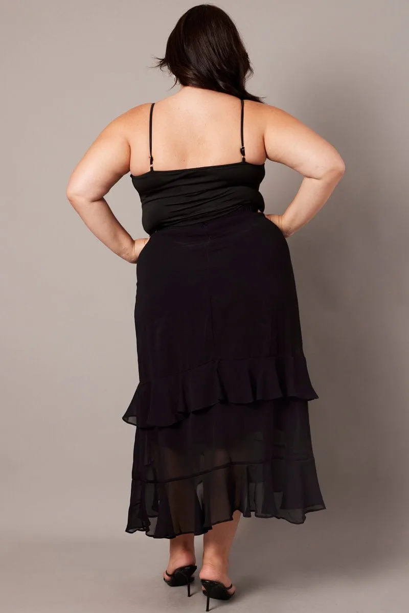 Black Frill Chiffon Midi Skirt Seamless Design