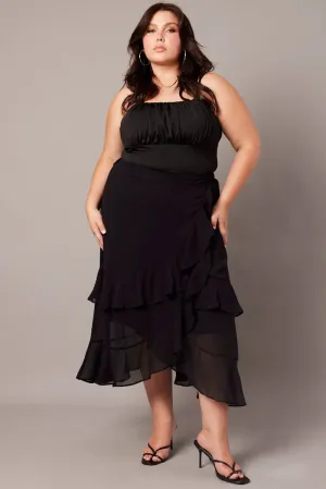 Knitted Fabric Black Frill Chiffon Midi Skirt
