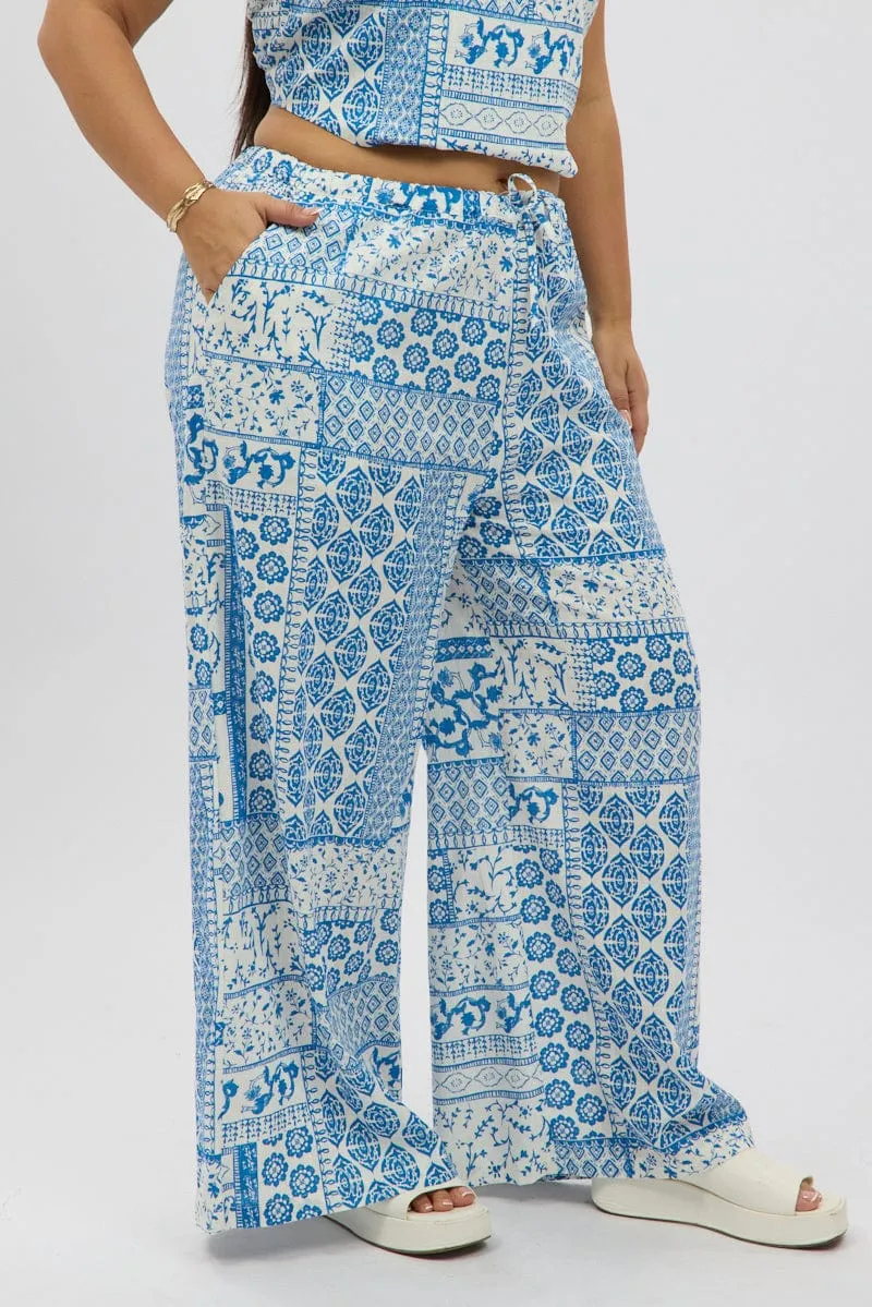 Stylish Cut HypoallergenicMaterial White Boho Elastic Waist Wide Leg Linen Blend Pants