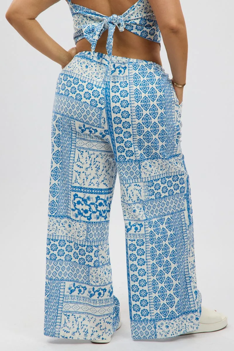White Boho Elastic Waist Wide Leg Linen Blend Pants On The Go