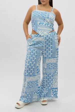 White Boho Elastic Waist Wide Leg Linen Blend Pants Neutral Look HiddenDrawcord