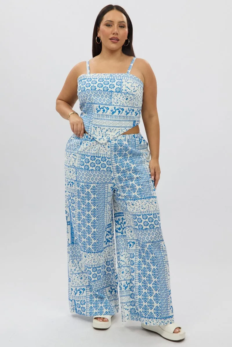 Built-in shorts Sporty Touch White Boho Elastic Waist Wide Leg Linen Blend Pants