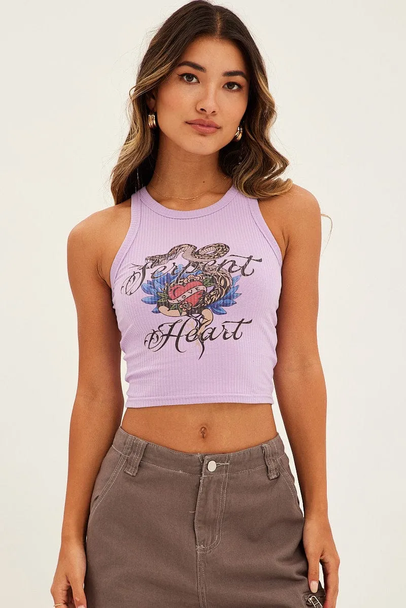 Purple Tank Top Round Neck Digital Print MoistureWicking Technology Winter Ready
