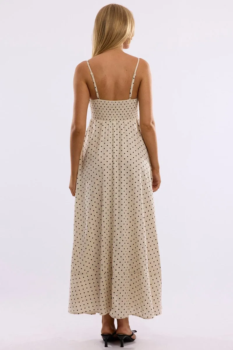 Beige Polka Dot Maxi Dress Strappy Boardwalk Mood Canvas Glow